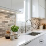 Malla decorativa jade de vidrio y piedra gris 30 x 32 3 cm-tiles-2-ok | Plomería García Modern kitchen sink area with a stainless steel faucet, white countertop, and a potted herb beside a glass pour-over coffee maker and two ceramic mugs.